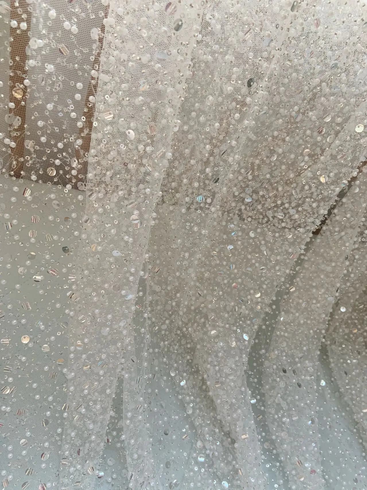 Off White Extra Dense Sparkling Bead Lace Fabric with Glitter Pearl Sequin for Couture,Wedding Dress,Curtain,Bridal Skirt