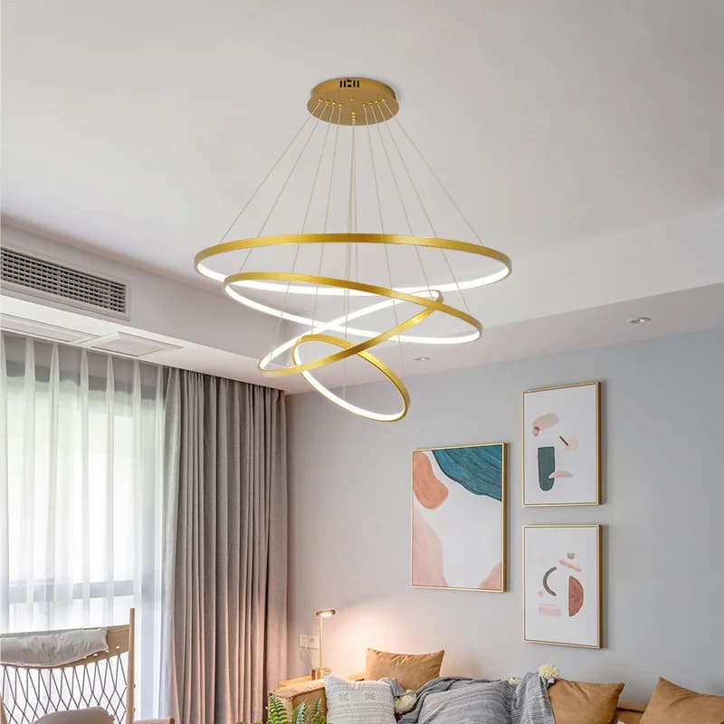 Lampade a sospensione moderne con anelli a cerchio fortunato per soggiorno, sala da pranzo, illuminazione, corpo in alluminio acrilico, lampada a sospensione a LED, apparecchio da cucina