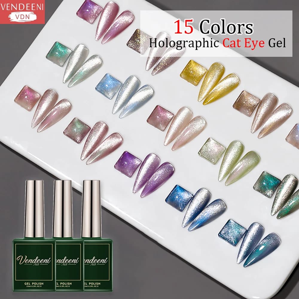 Vendeeni 15 colors Glitter Cat Eye Gel Nail Polish Magnetic Hybrid Nail Art Gel Glossy Laser Paint UV LED Soak Off Gel Lacquer