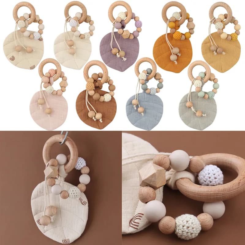BPA Free Baby massaggiagengive in legno a forma di foglia di cotone anello in legno massaggiagengive neonato impugnatura agitazione sonaglio giocattoli roditori allattamento molare