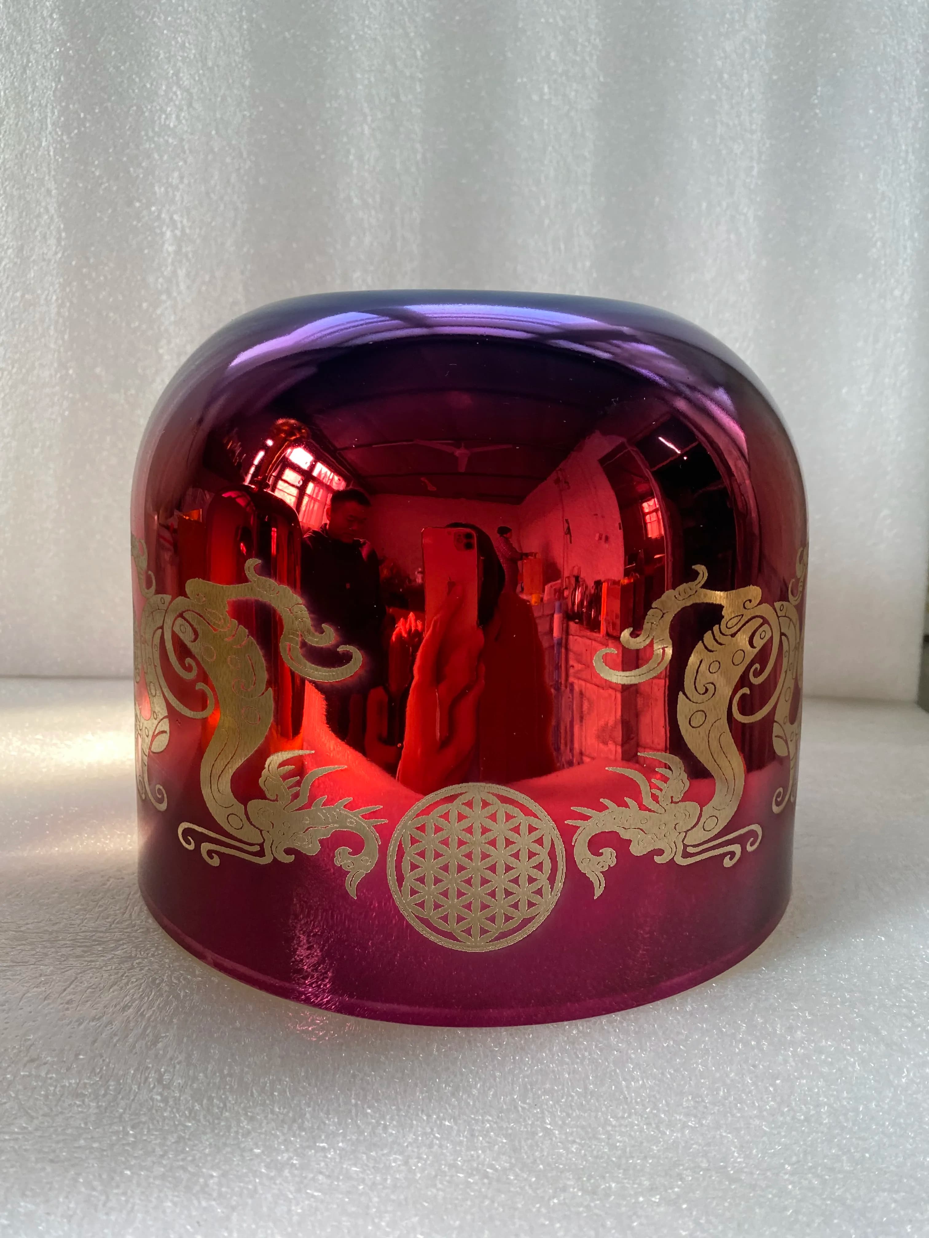 3rd octave "C" Root chakra perfect pitch red mixed purple shinny crystal singing bowl with dragon & flower of life design 432Hz