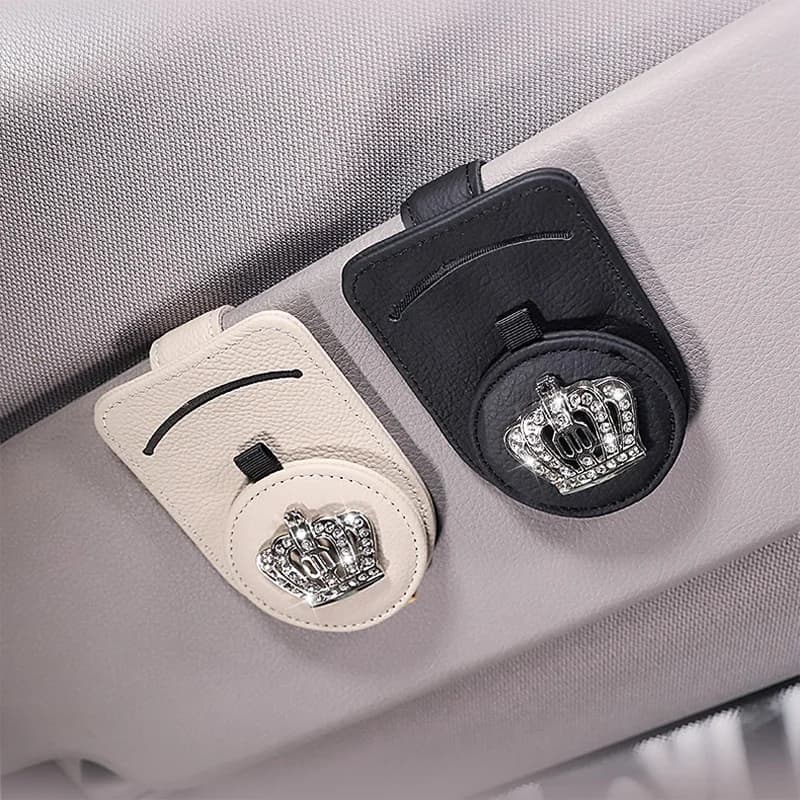 Custodia universale per occhiali da auto in vera pelle morsetto per biglietti con corona di diamanti visiera parasole per auto supporto per occhiali da sole accessori per auto da uomo