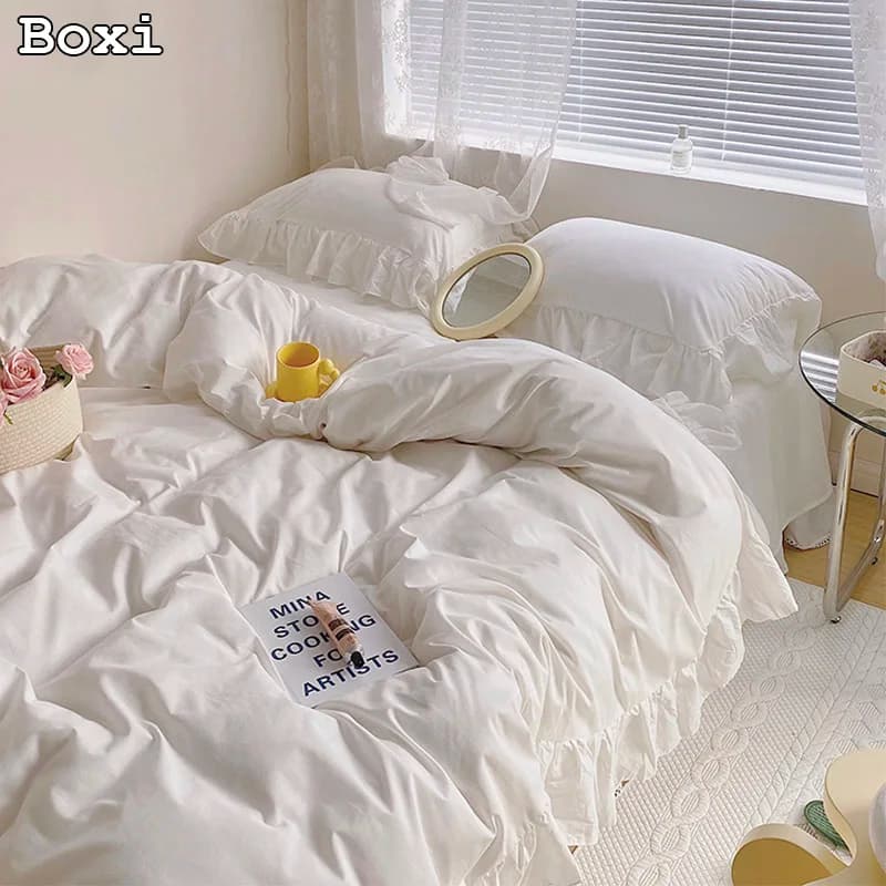 Set of bed linen in solid color in Japanese style lace pink skirt with cute girl volant baby headdress with pillowcase for women