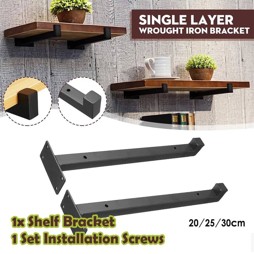 Supporto a Parete in Ferro Battuto per Mensola Singola, Staffa per Pannello Divisorio in Legno, 20cm/25cm/30cm, Nero