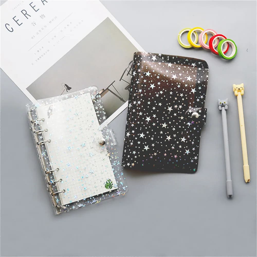 Cartella di file con clip in plastica trasparente Y2k Stars Copertina per notebook A6 Raccoglitore ad anelli a fogli mobili Agenda Agenda Forniture per ufficio scolastico