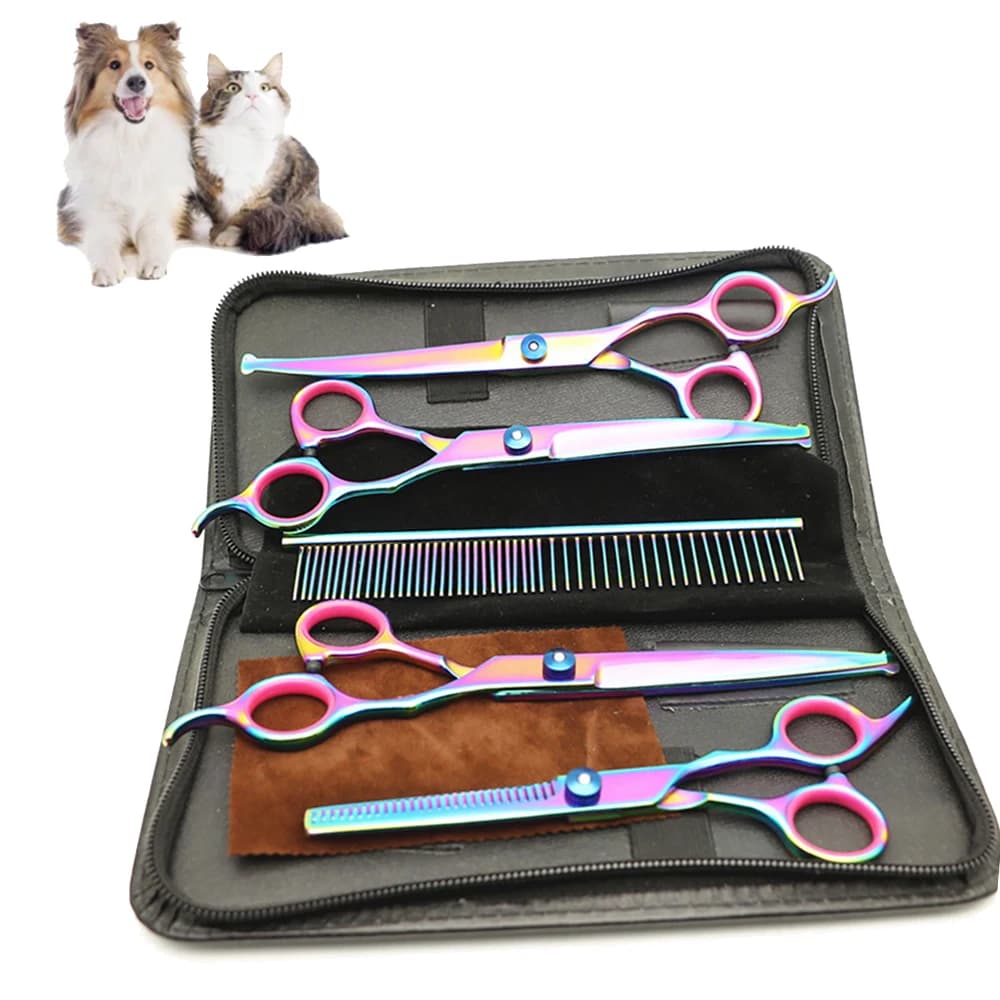 Forbici per toelettatura per animali domestici in acciaio inossidabile Cesoie curve Bordo affilato Animali Gatto Cane Taglio dei capelli Kit di utensili da taglio per barbiere per animali domestici