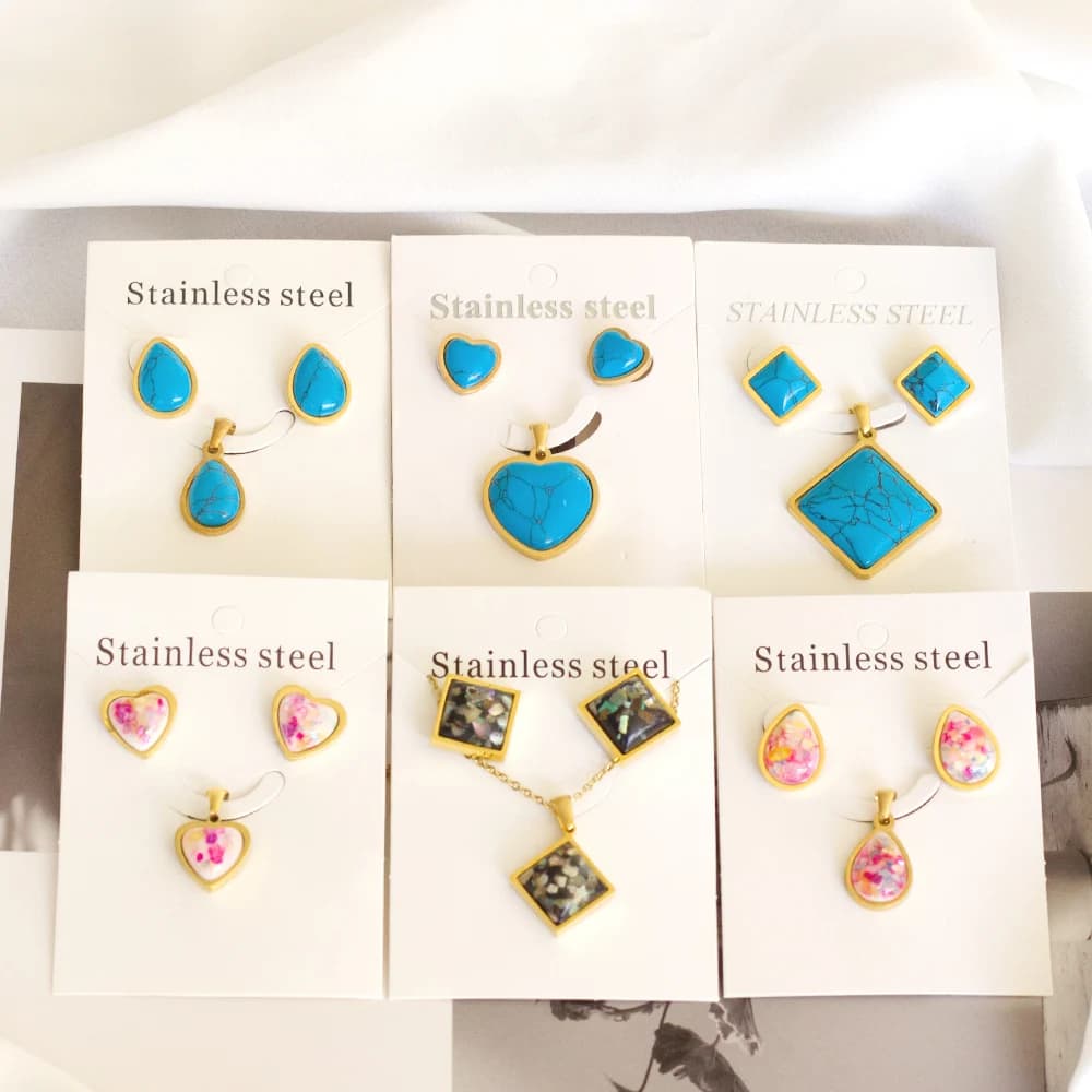 Stainless Steel Jewelry Sets Square Heart Round Pendant Necklace For Women Gold Silver Color Stud Earrings 2021 Trendy