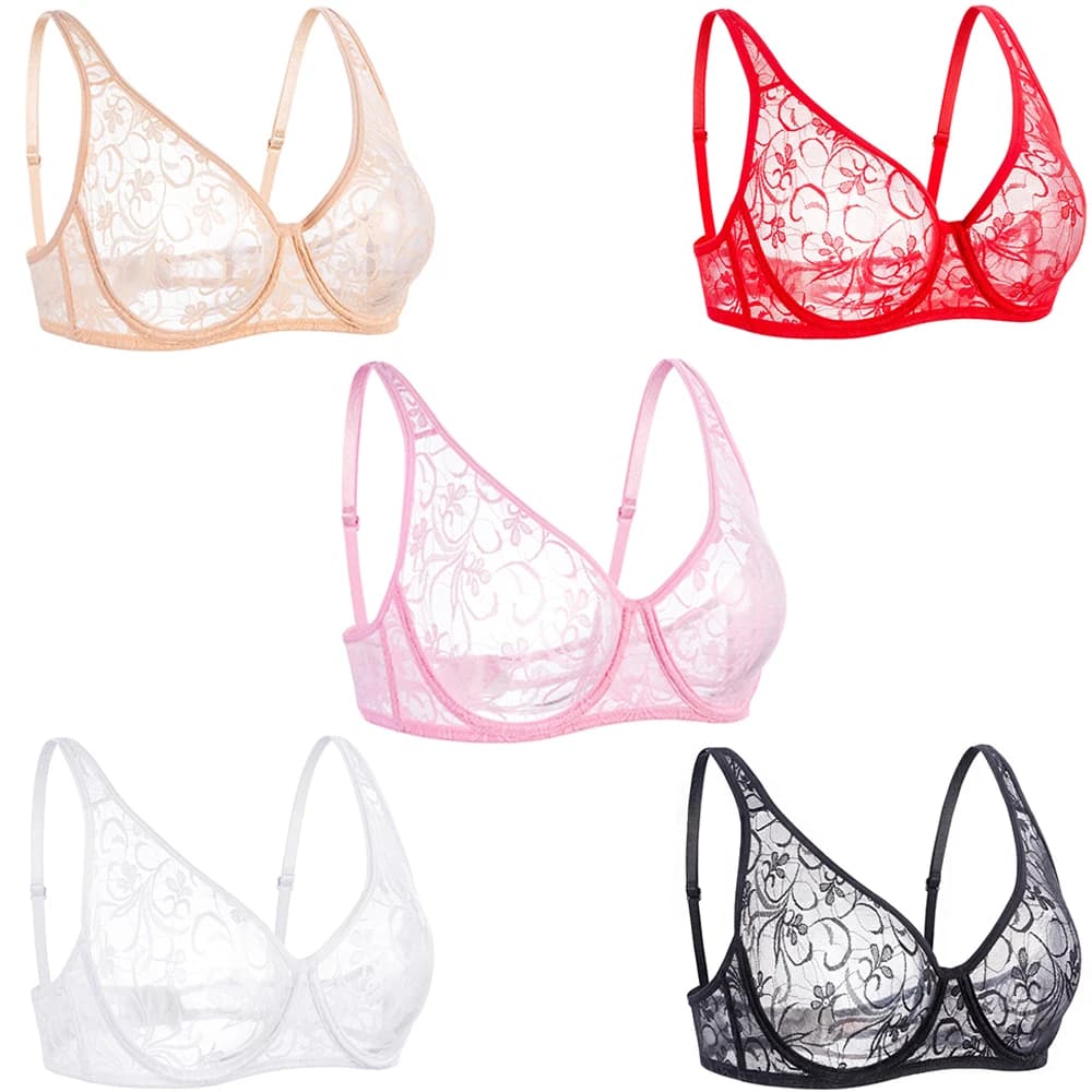 Intimo da donna Taglie forti Reggiseni in pizzo con ferretto Prospettiva Mesh BH Top Scava fuori il ricamo Lingerie sexy Reggiseno