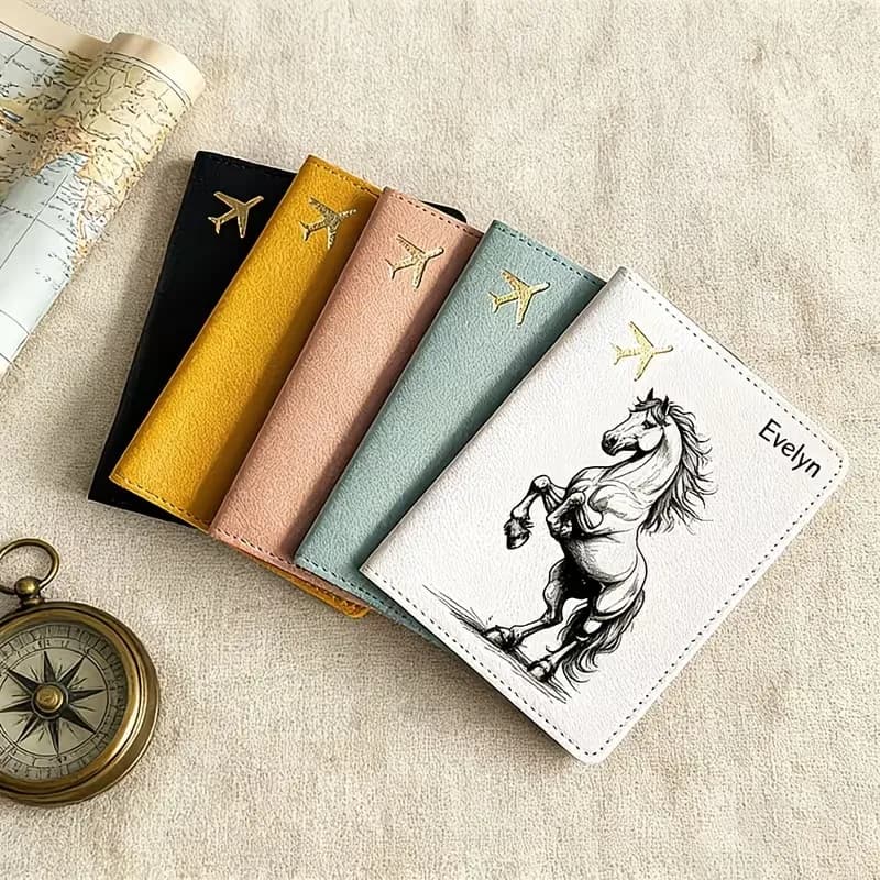 Custom Name Passport Cover - Elegant Travel Document Holder with Horse Pattern, Lightweight and Durable Design, Airline Tag
