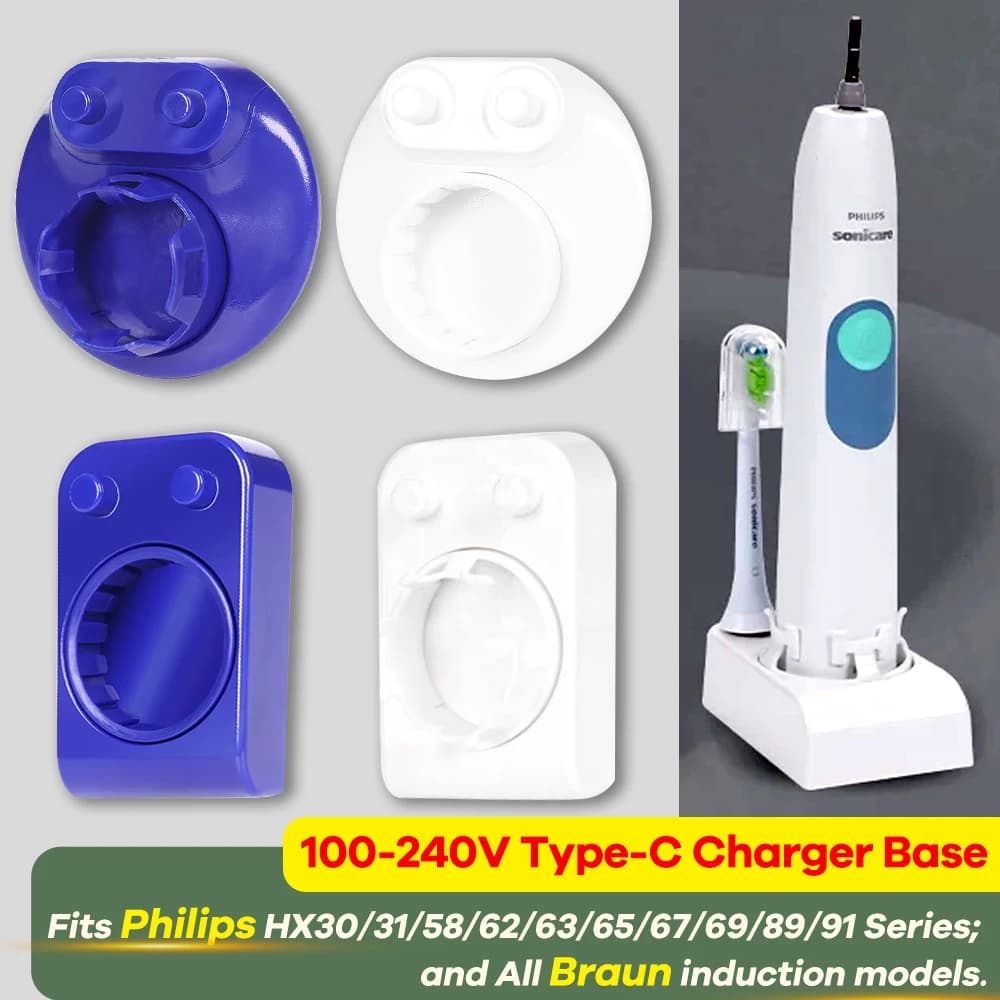 100-240V Type-C Charger Base for Philips & Braun Toothbrush, 5V Induction Charging Dock for Global Travel Light