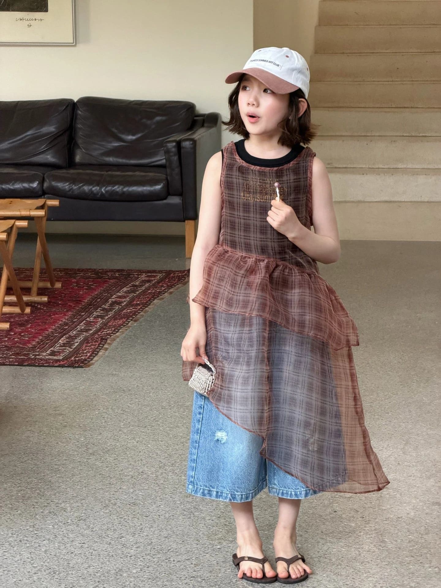 Abito estivo a quadri per ragazze, gonna in rete color caramello, abito midi in stile coreano, abbigliamento per bambini, casual e per il tempo libero