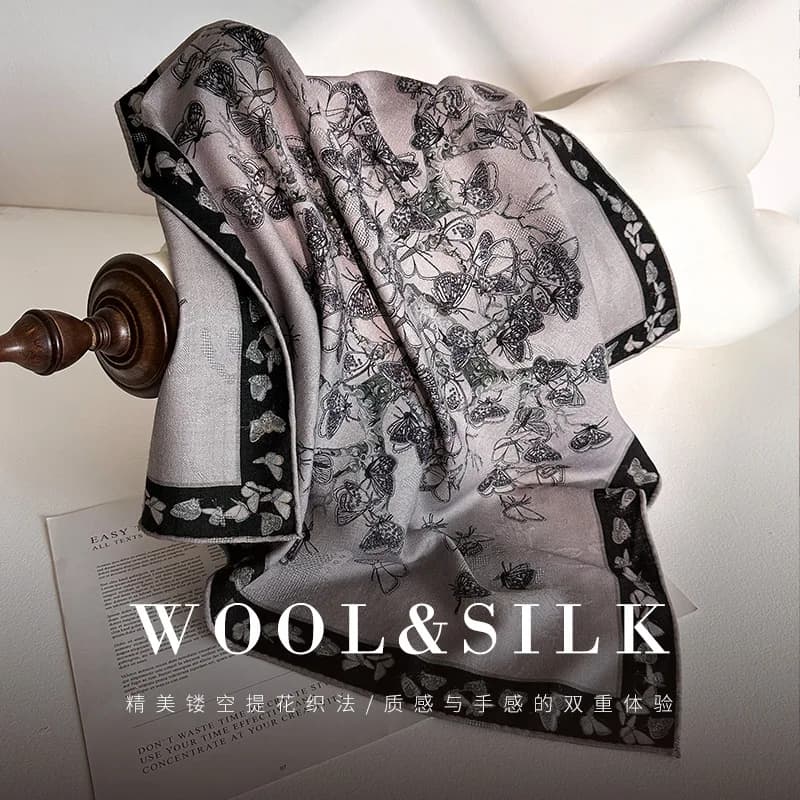 2026 Elegant Wool Silk Scarf Christmas Gift 70% Wool 30% Silk Gray Butterfly Print Neck Scarf Womens Headscarves
