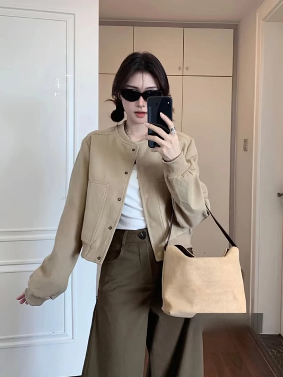 Retro Khaki Short Baseball Jacket Women's Summer New Loose Personality Coat Long Sleeve Top Commute Style round Neck Button C...