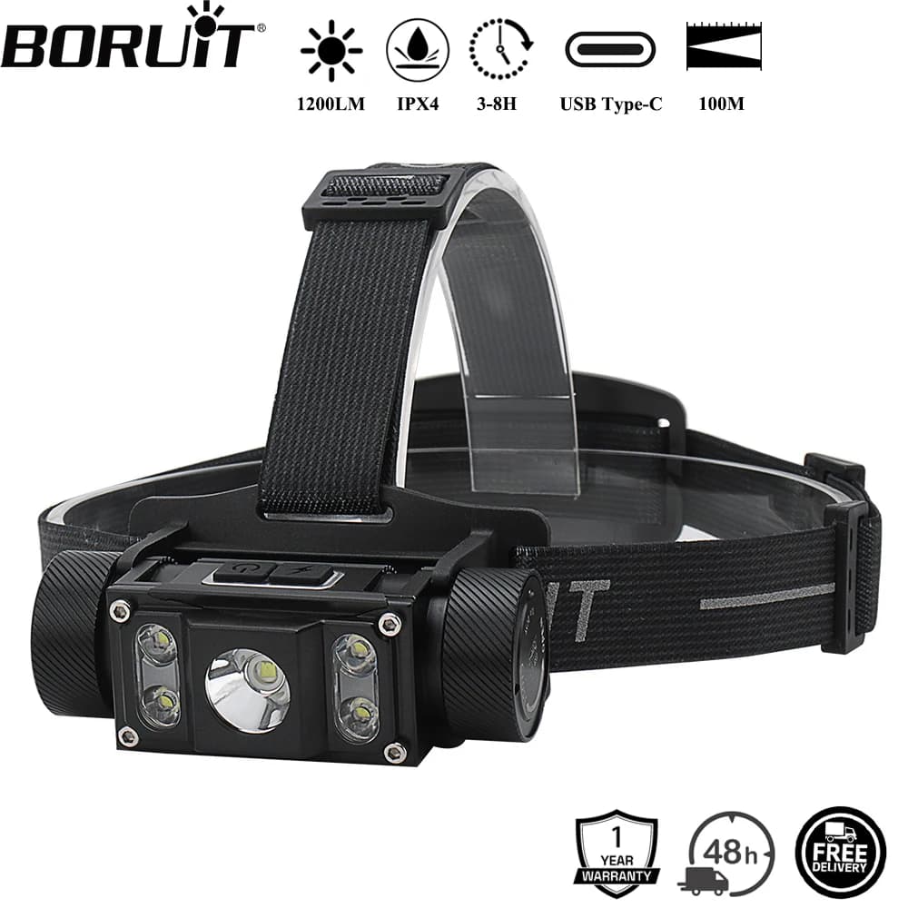 BORUiT B50 1200LM Lampada frontale a LED Potente TYPE-C Ricaricabile 21700 Batteria Faro Impermeabile Pesca Campeggio Torcia frontale