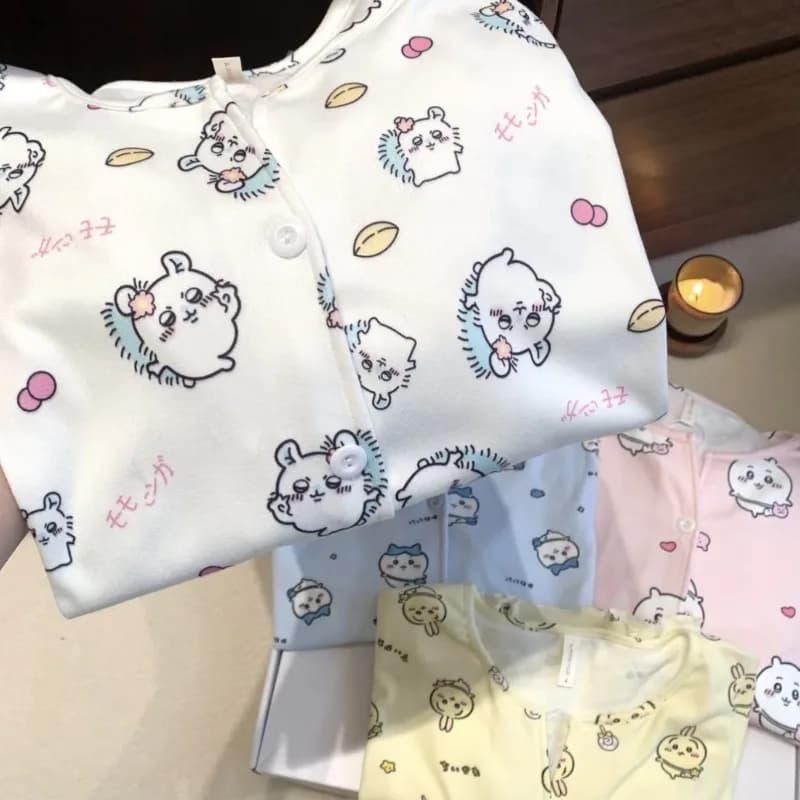 Cute Chiikawa Momonga Cartoon Pajamas Set for Thin Fleece Open Collar Warm Homewear Autumn Winter Viral Lounge Wear Women NewNew
