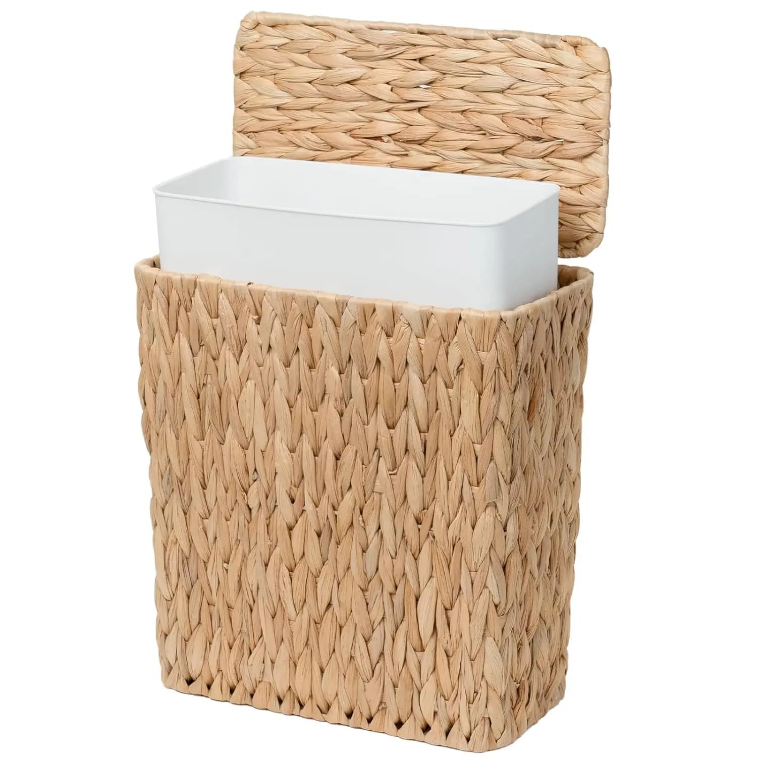 Cestino per Rifiuti in Vimini Naturale con Coperchio, 3 Galloni, Piccolo Cestino per Bagno per Spazi Compatti