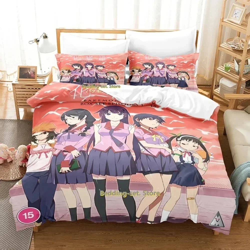 Set di Biancheria da Letto Bakemonogatari 2024, Misure Singolo, Matrimoniale, Queen, King, per Adulti e Bambini, Set Copripiumino e Lenzuola Anime