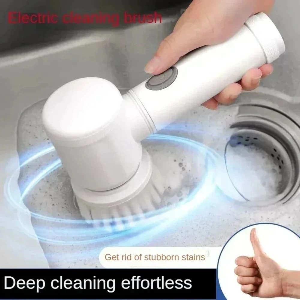 Spazzola Elettrica Senza Fili con 5 Testine Sostituibili, Ricaricabile e Impermeabile, per Pulizia di Bagno e Cucina