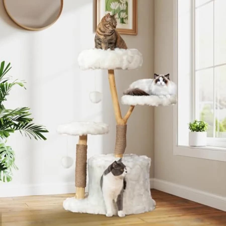 Torre Tiragraffi Moderna per Gatti con Palo Tiragraffi in Legno Naturale Massiccio, Cuccia di Lusso e Posti Sdraio, Arredamento Estetico Bianco per Gatti da Interno