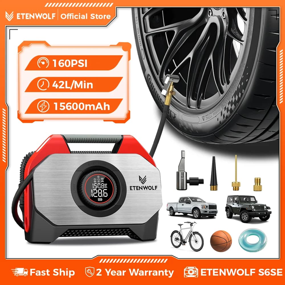 Nuovo ETENWOLF S6SE Compressore d'aria portatile Ciclo di lavoro al 100% e doppio cilindro 19200 mAh Gonfiatore per pneumatici per auto Pompa per bicicletta Pompa ad aria