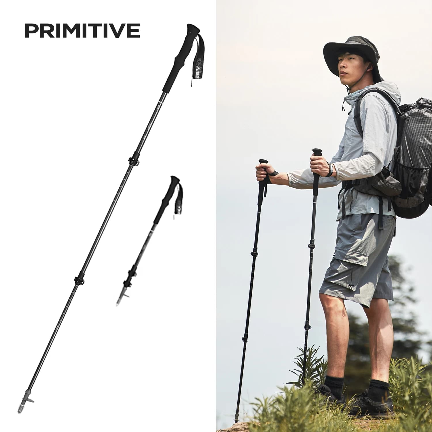 Bastoncini da Trekking in Fibra di Carbonio PRIMITIVE, Telescopici, Leggeri e Compatti per Escursionismo