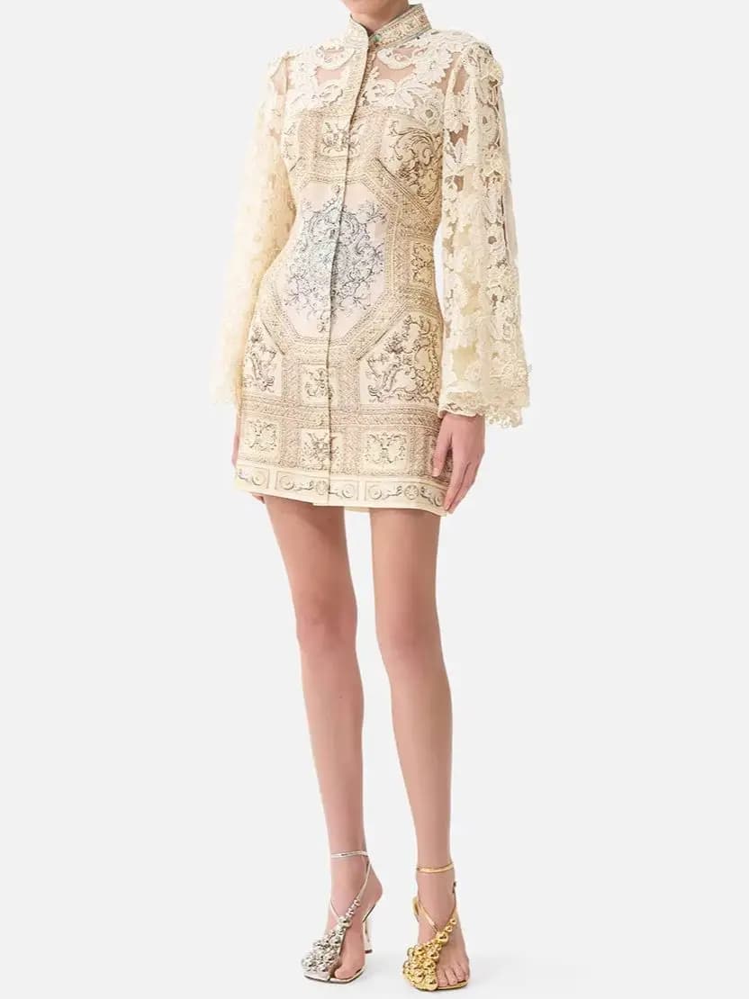 Women Lace Embroidery Vintage Shirt Dress Single Breasted Long Sleeve Stand Collar Elegant Female Linen Silk Mini Robe