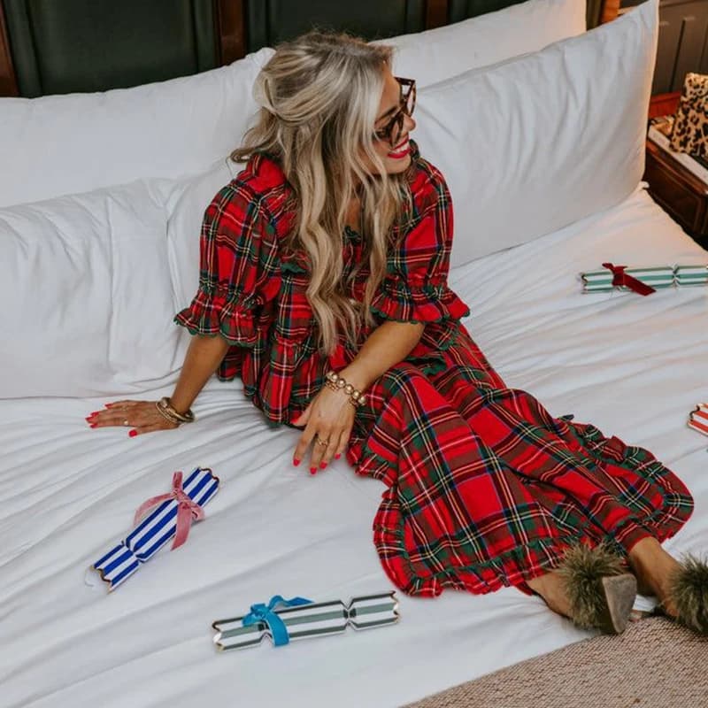 Set di indumenti da notte scozzesi natalizi da donna Y2K con maniche a sbuffo Babydoll Top con volant Pantaloni a gamba larga divisi Pigiama natalizio a quadretti