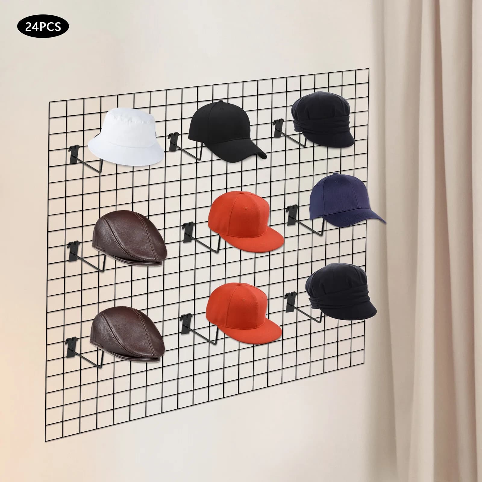 24 PCS Black Round Hat Rack Hooks, Heavyweight Gridwall Display Hangers for Caps, Multi-Purpose Organizer for Store Wall Panel