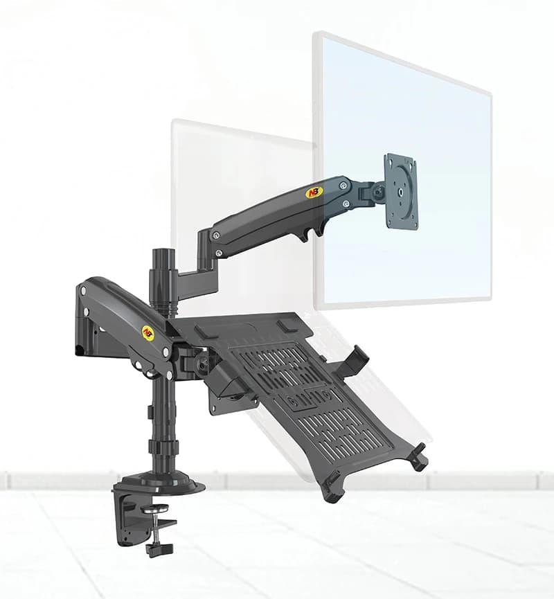 Desktop NB H180-FP Molla a gas Doppio braccio per supporto per monitor da 17"-27" + Supporto per laptop da 10"-17" Supporto per montaggio con pressa ad aria Carico 2-9 kg