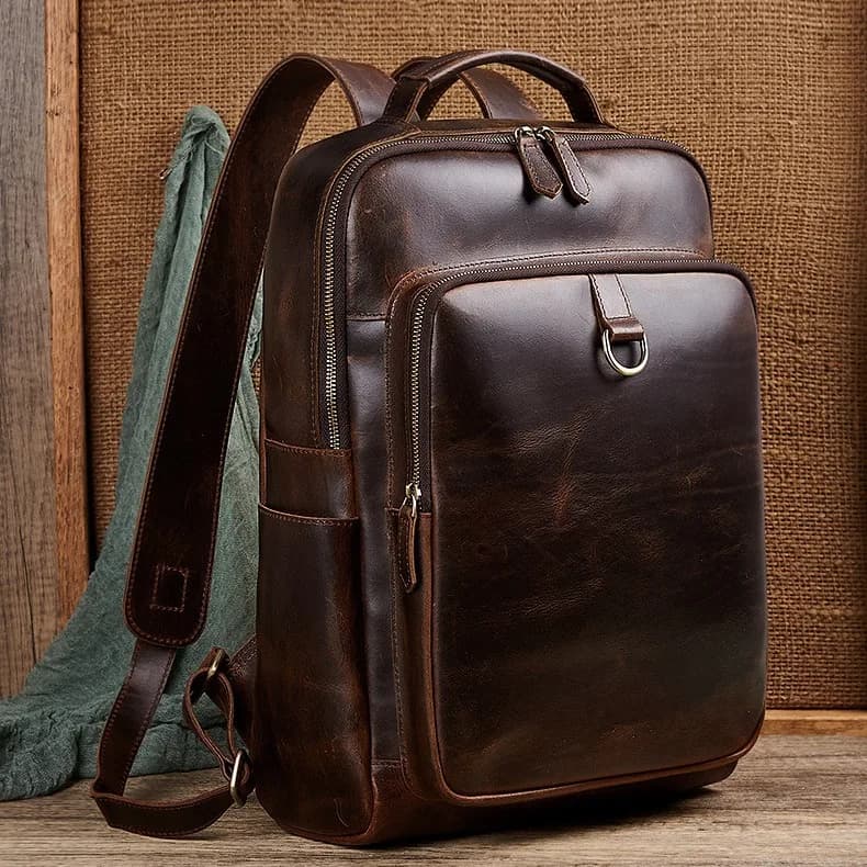 Men's Top Grain Waxed Leather Laptop Backpack | Business Computer Travel Rucksack | Vegetable Tanned Commuter Daypack