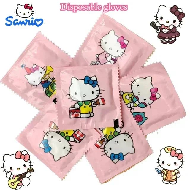 Guanti monouso portatili addensati Sanrio Hello Kitty Kawaii da 100 pezzi, modello cartone animato, confezione indipendente all'ingrosso