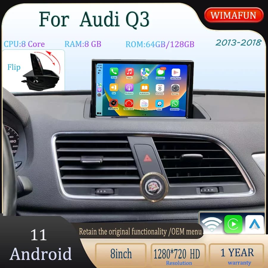 Android 11 Multimedia Player for Audi Q3 8-inch Screen Wireless Carplay Compatible with Cars 2013-2018 Models