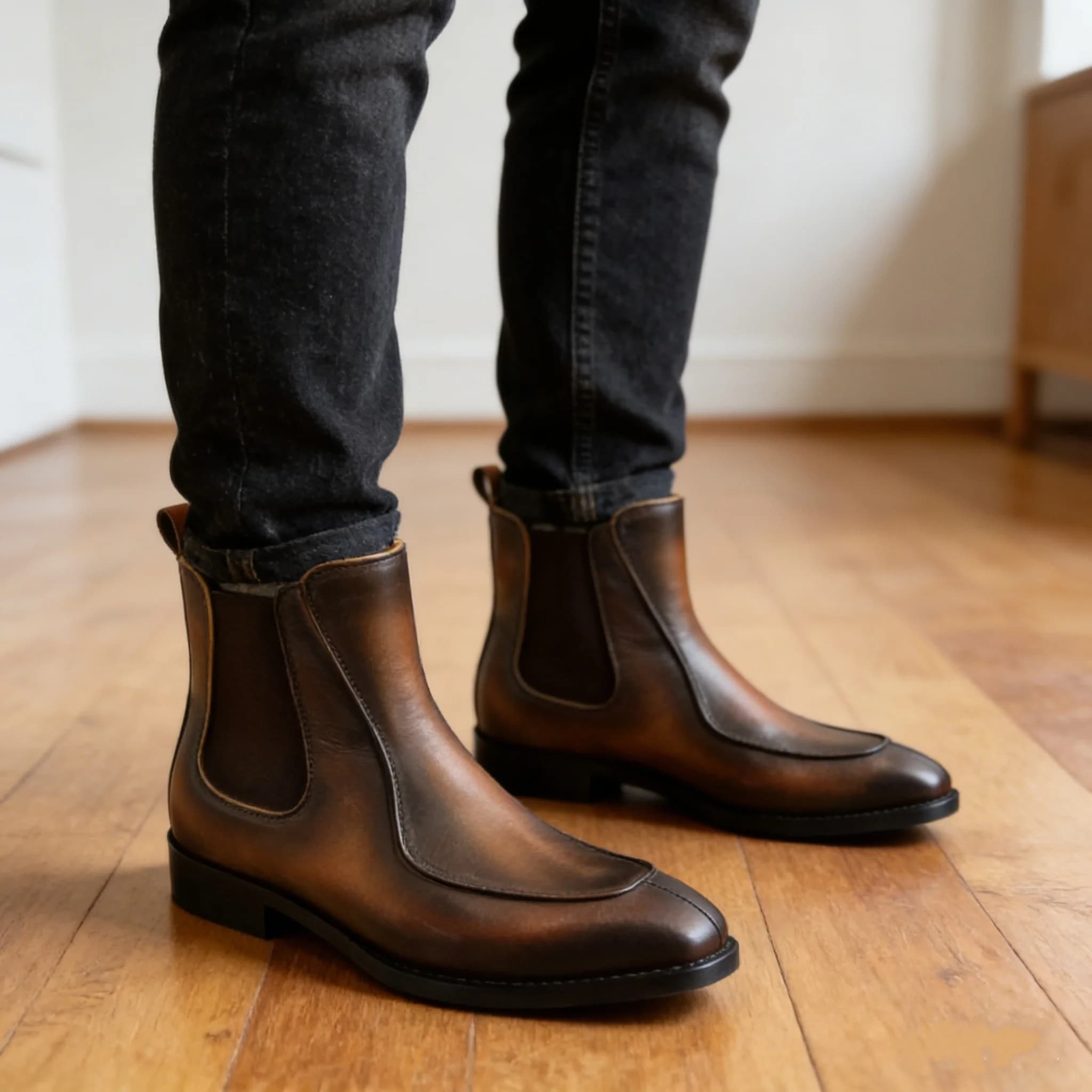 Comfortable Non-Slip Light Luxury Pure Cowhide Hand-Carved Boats Male Mature Retro Rubbed Color Brown Leather Men's Short Boots