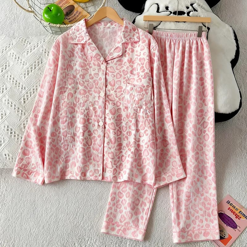 Leopard Print Pink Long Sleeved and Pants Sleepwear Homewear Cardigans Spring and Autumn Women's Casual Elastic Soft Pajamas