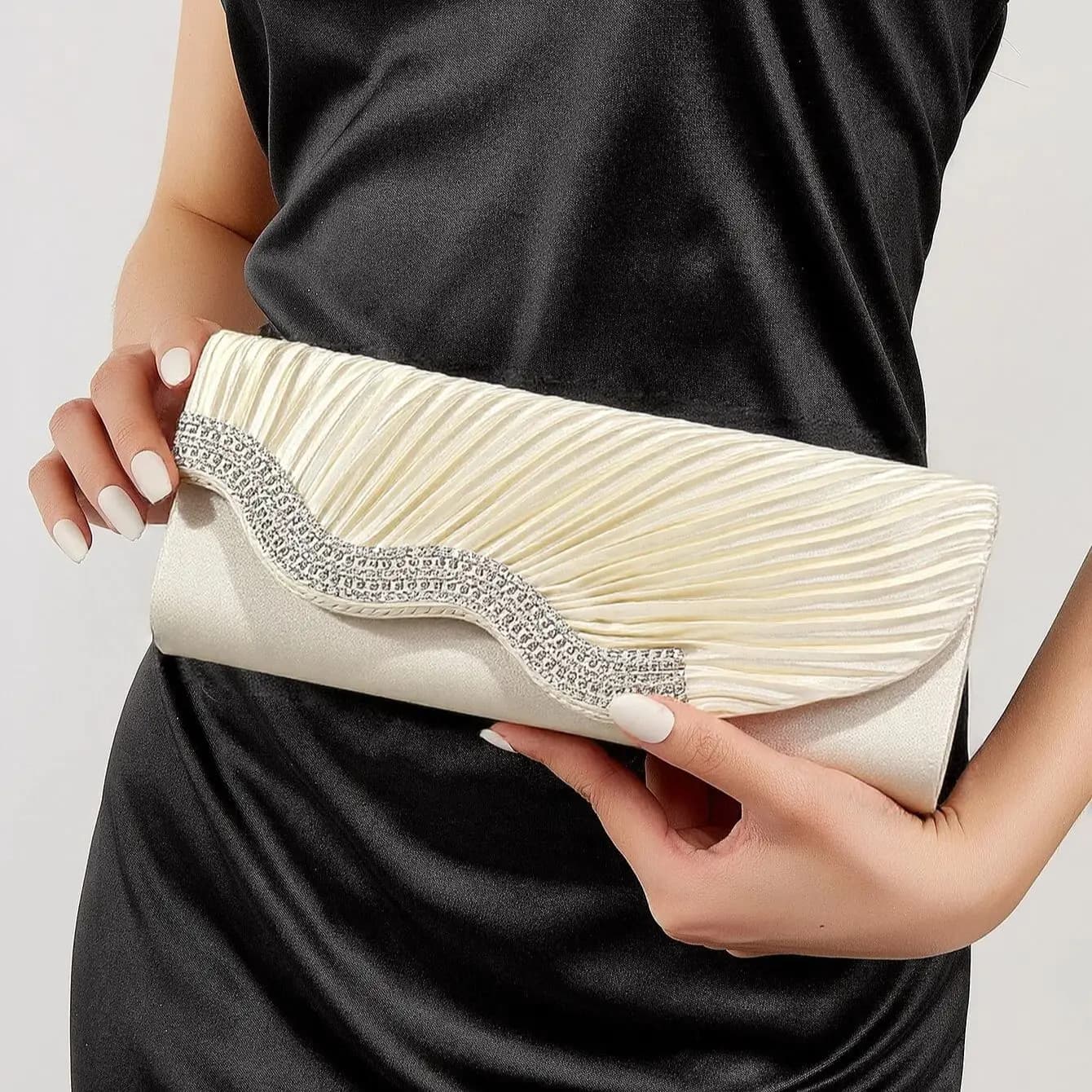 Shiny Glitter Women Evening Bags Ruched Fashion Rhinestones Envelope Design Handbags Shoulder Chain Purse
