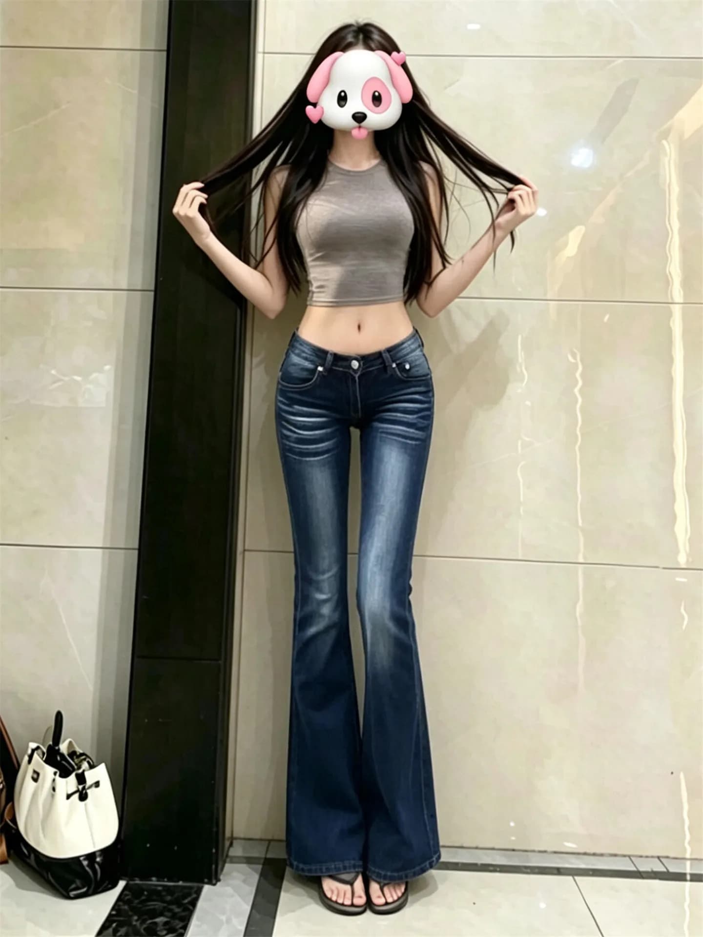 American Style Vintage Low Waist Bell Bottom Jeans Women's Slimming Distressed Summer Casual Deep Blue Cotton Denim Pants