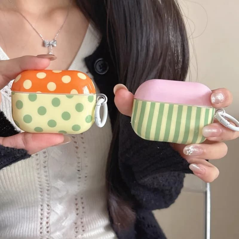 Color Block Polka Dot Striped For AirPods Case with Keychain for AirPods 4 3 2 1 Pro Pro 2 Pro 3 Cute Aesthetic Shockproof Cover