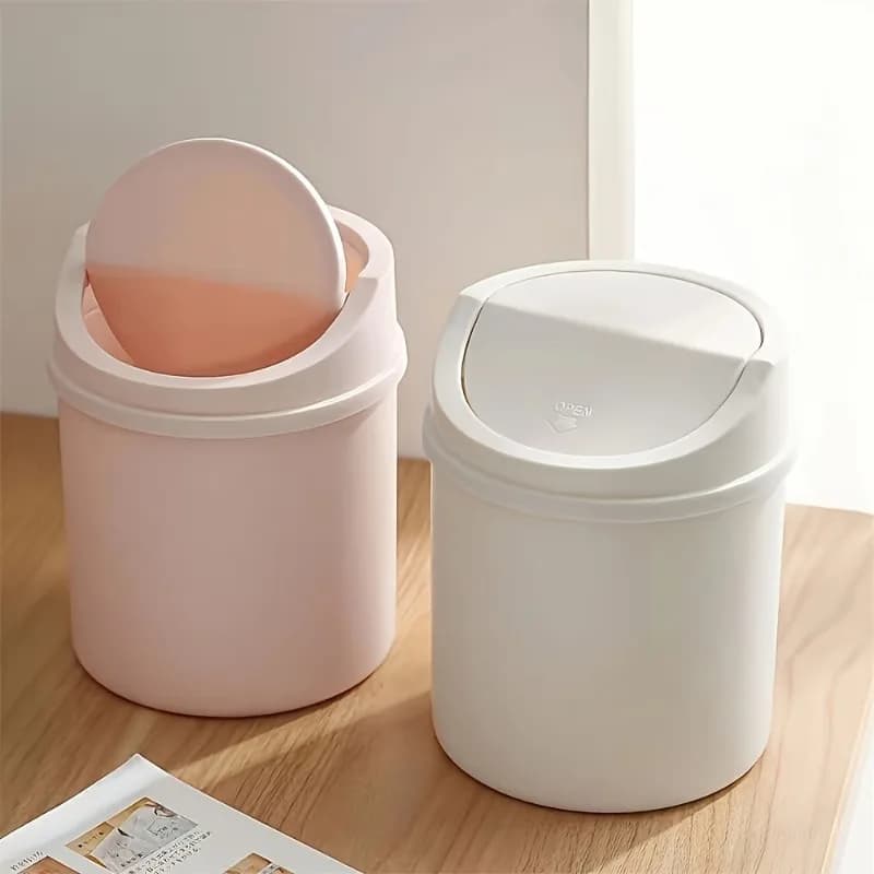 1pc Mini Desktop Trash Can with Lid - Cylindrical Tabletop Waste Bin, Easy To Clean Screw-Off Cap for Office and Coffee Bar