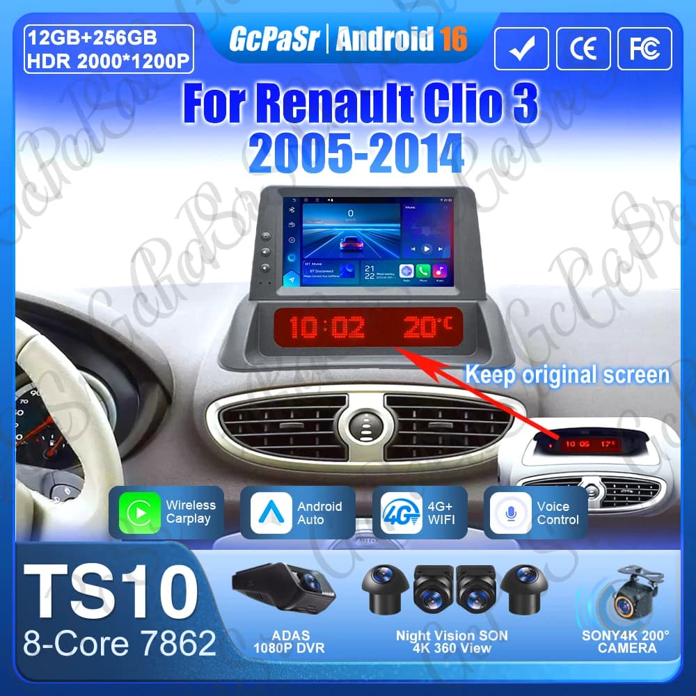 Carplay For Renault Clio 3 2005-2014 Android 16 GPS Navigation Video Auto Radio No 2din Car Monitor DSP Display Screen 2k 5G Wifi