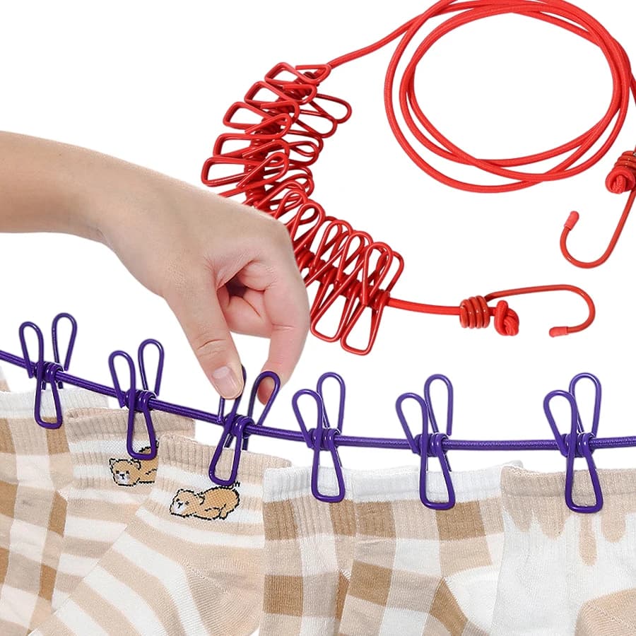 Stendibiancheria Portatile Retrattile con 12 Clip, Corda Antivento per Asciugare i Vestiti da Viaggio per Interni, Esterni e Campeggio