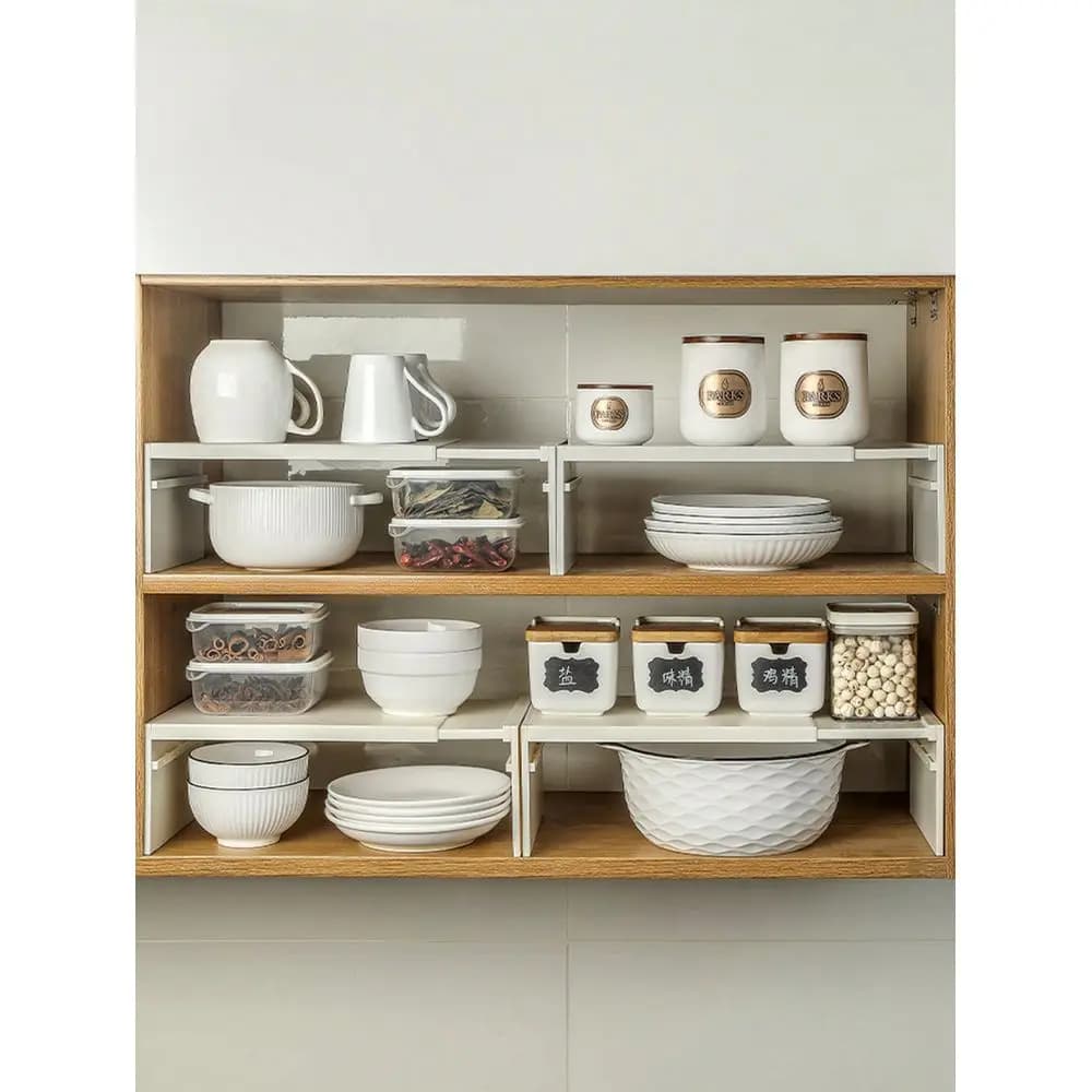 Scaffale regolabile per cucina, organizer da piano di lavoro, separatore per spezie, pentole, ciotole, piatti