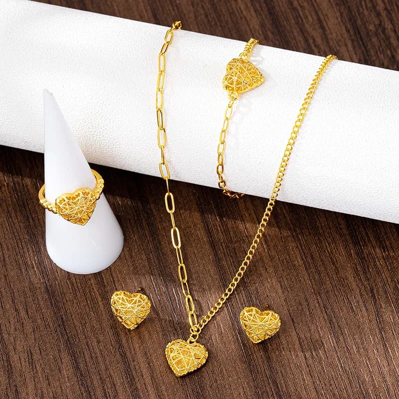 Chinese Style Gold Hollow Line Heart Necklace Luxury Heart Bracelet Ring Set for Women Elegant All-Match Fashion Jewelry