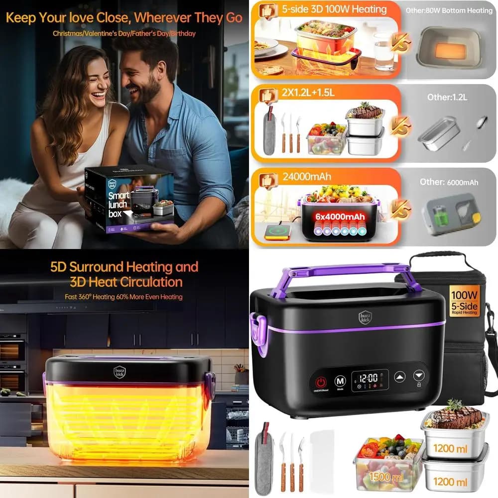 Portapranzo riscaldato elettrico portatile 2x1,2 litri con tecnologia di calore 5D, riscaldamento da 100 W, batterie 6x4000 mAh, borsa isolata, senza BPA