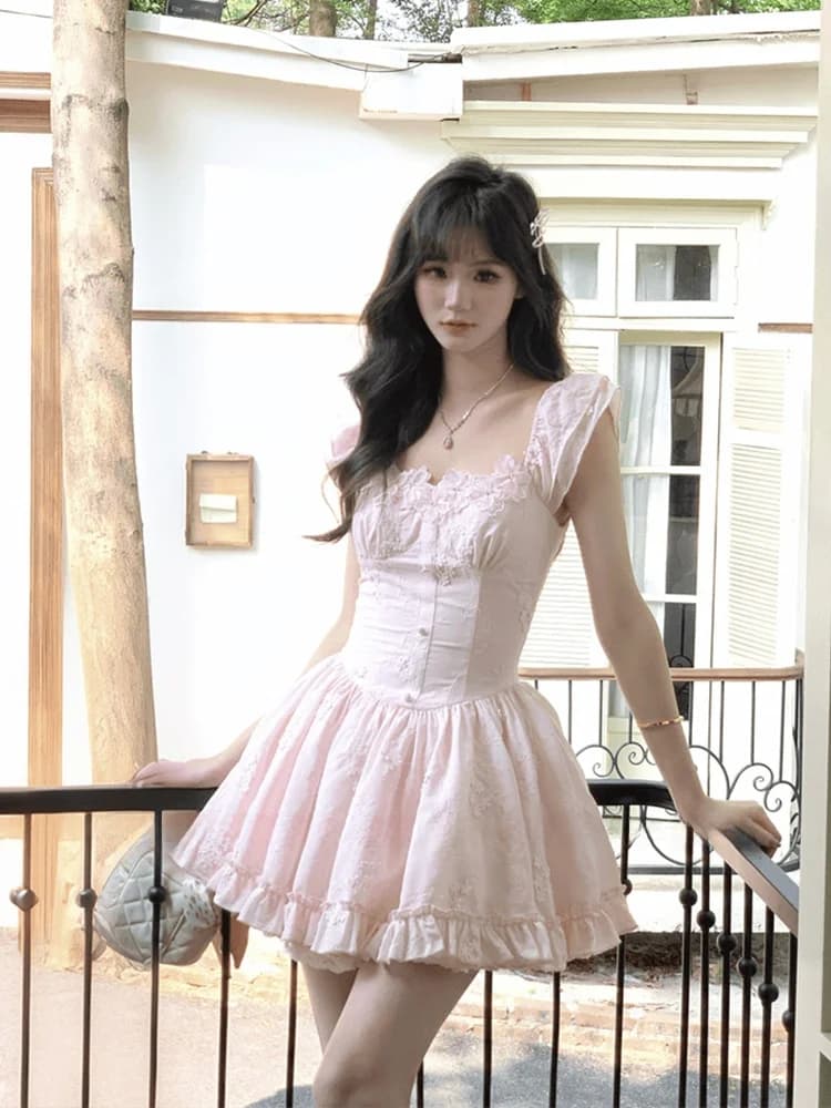 Gonna a trapezio estiva rosa dolce con spalline, gonna a vita alta casual per donne formose