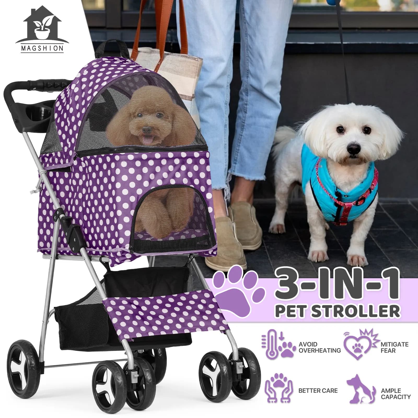 Passeggino per Animali Domestici a 4 Ruote, 3-in-1 Pieghevole con Cestino Portaoggetti e Portabicchieri