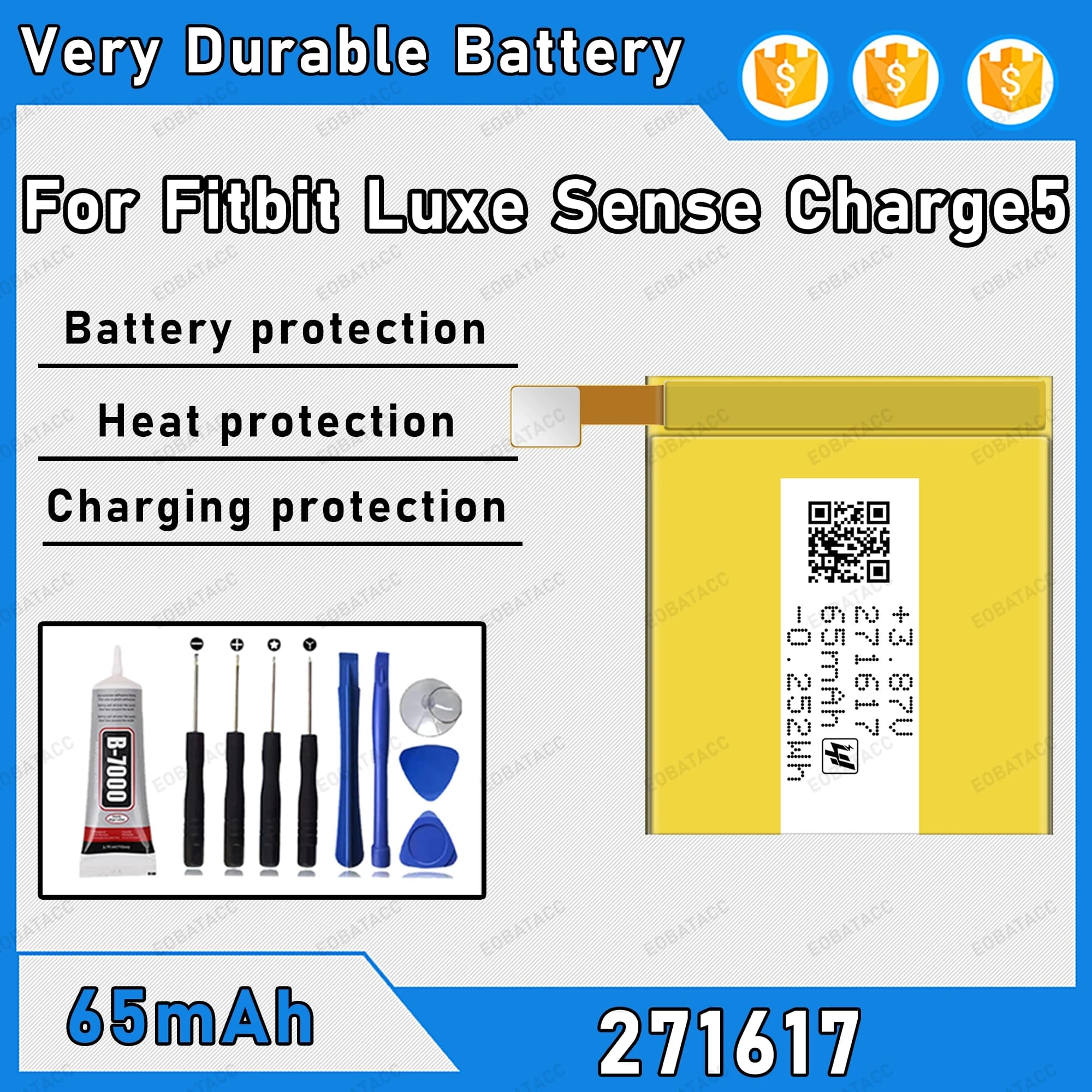 65mAh 100% New 271617 Battery For Fitbit Luxe Sense Charge 5 Replacement Bateria+Free Tools