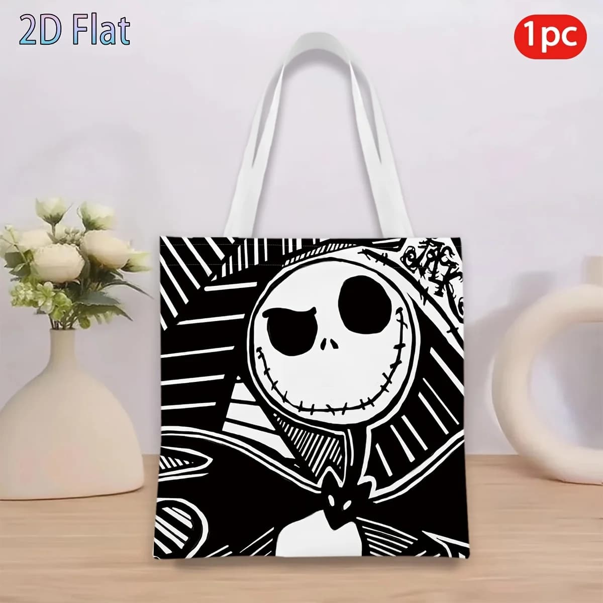 Borsa tote con stampa a righe bianche e nere Jack Skellington, borsa per la spesa riutilizzabile, adatta per l'uso quotidiano, per lo shopping, per la scuola, per i viaggi