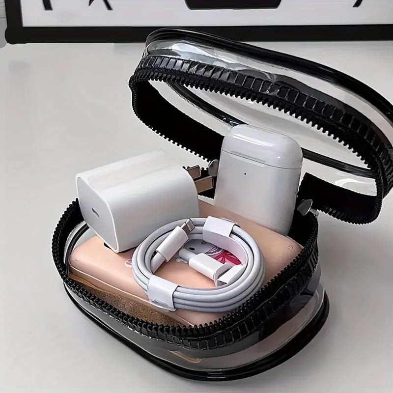 Borsa portaoggetti portatile mini trasparente con cerniera - Organizer salvaspazio per auricolari e caricabatterie, versatile con pratico anello portachiavi