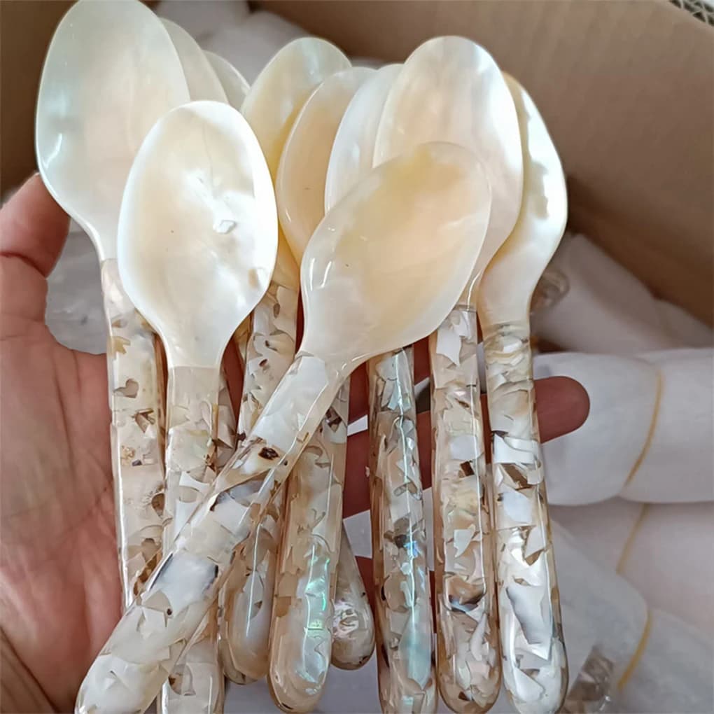 Cucchiaio e forchetta a conchiglia naturale da 16 cm Artigianato Utensile da cucina Cucchiai per caviale Cucchiaino con manico schiacciato a conchiglia Dessert