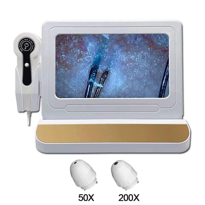 Microscopio digitale per analizzatore della pelle dei capelli con rilevatore LCD da 10 pollici per test dei follicoli piliferi e lente d'ingrandimento per l'analisi della pelle 50/200X
